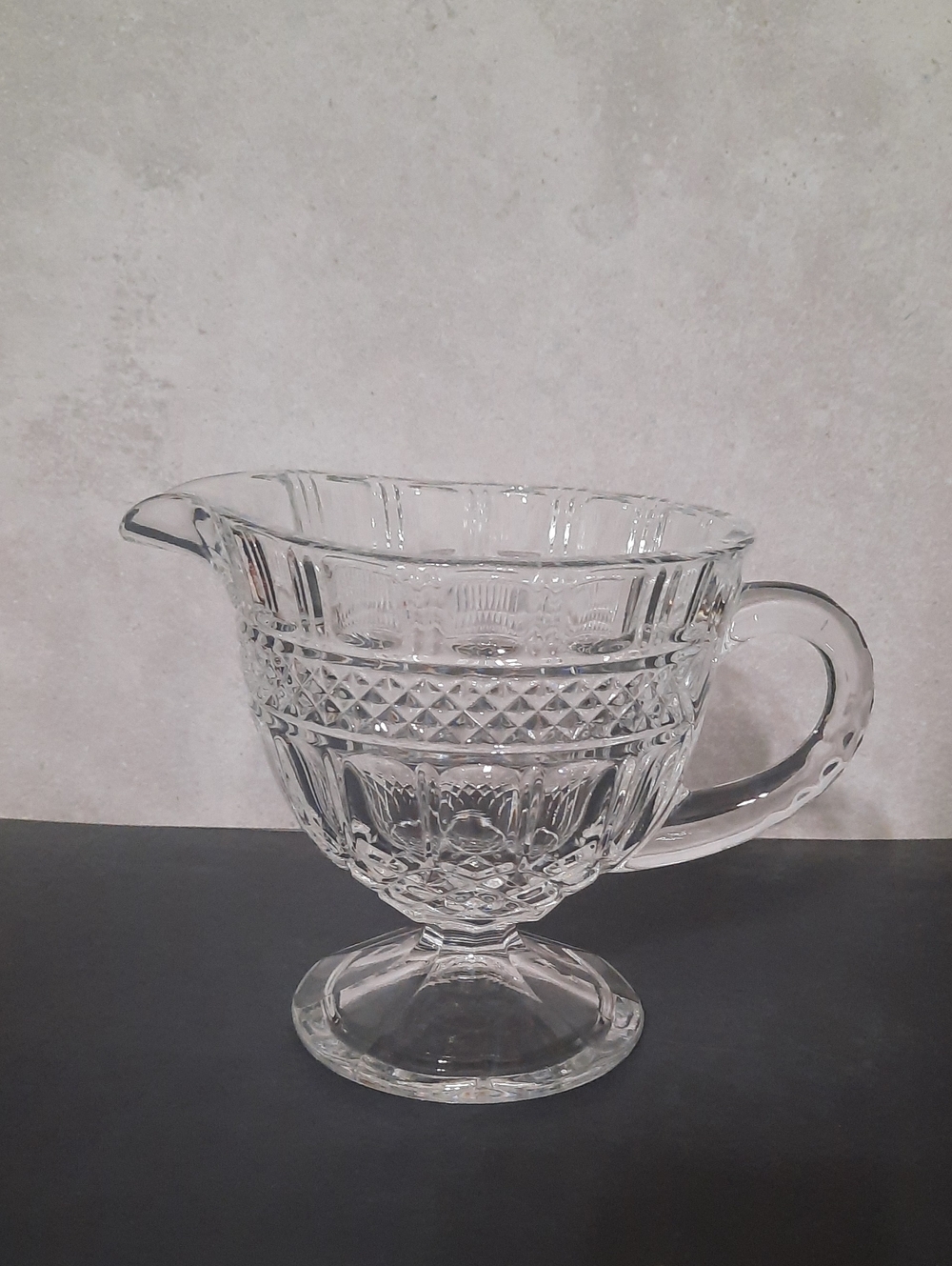 Vintage Crystal Glass Pedestal Gravy Boat With Diamond and Ribbed Pattern